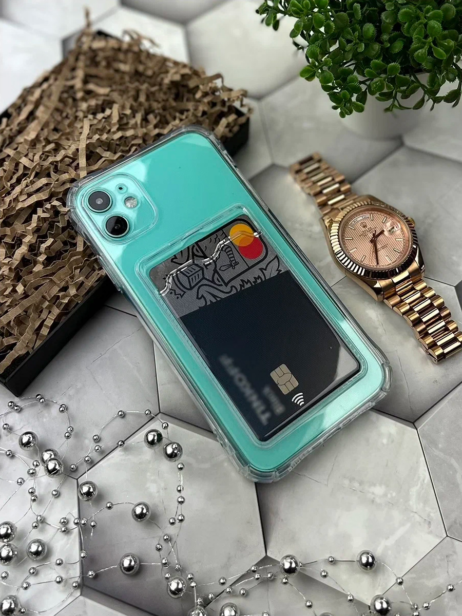 Чехол для iPhone / Айфон 11 с карманом для карт (прозрачный)