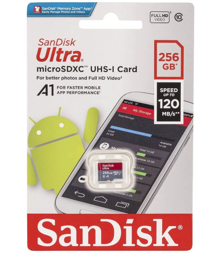 Карта памяти SanDisk 256GB Ultra microSDXC 120MB/s A1 Class 10 UHS-I