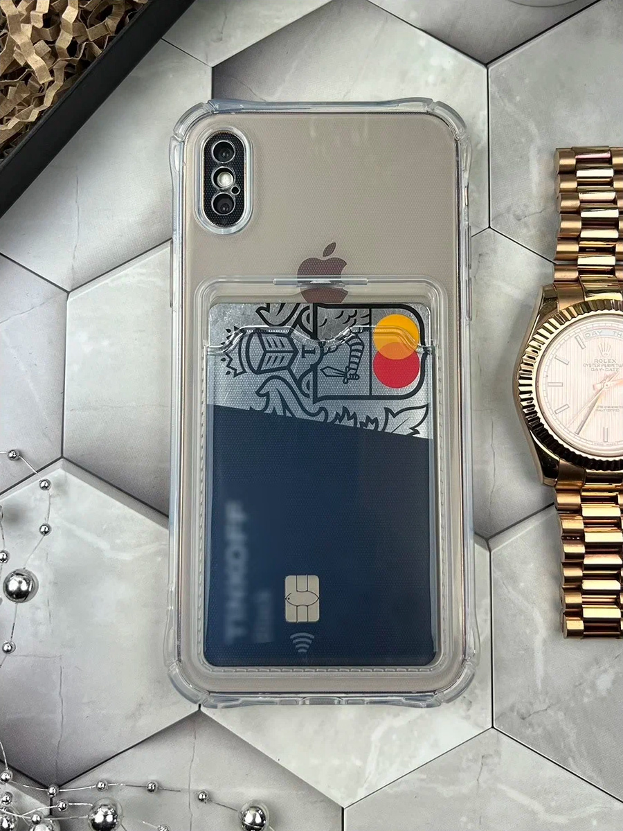 Чехол для iPhone / Айфон XS с карманом для карт (прозрачный)