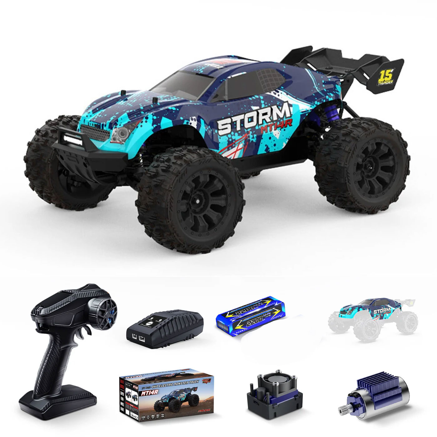 Монстр трак JIUSI MT14R Storm Tail Wing 1:14 / радиоуправляемая машинка на пульте управления 4WD 3S, до 80 км/ч, бесколлекторная, синяя