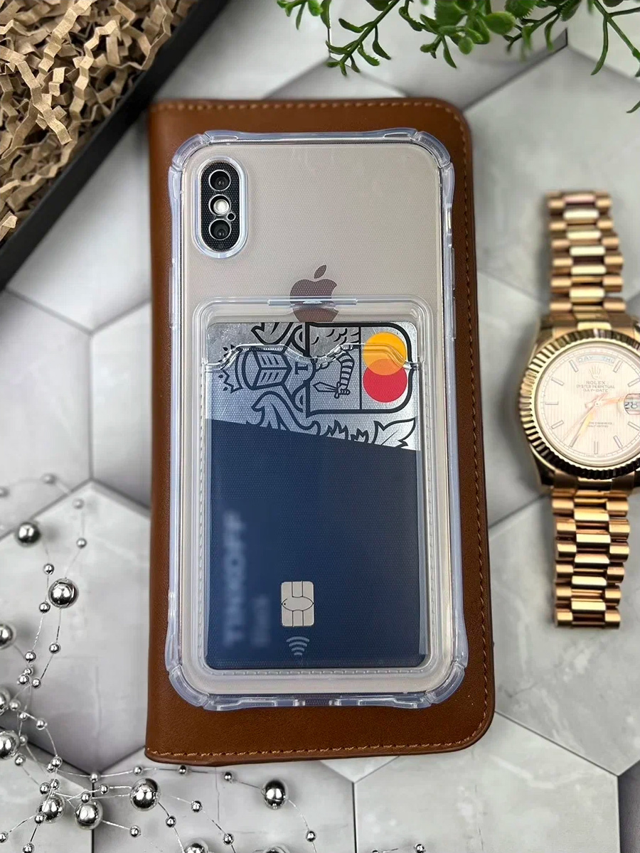 Чехол для iPhone / Айфон XS с карманом для карт (прозрачный)